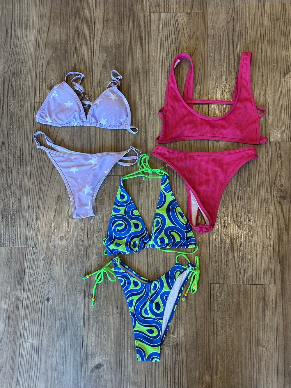 3-Piece Mixed Bikini Set - Pink, Lilac Star, Green/Blue Swirl